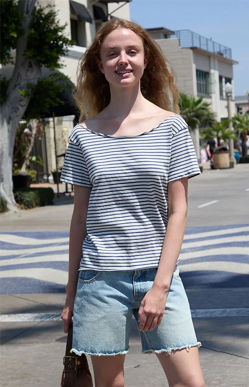 John Galt White & Blue Robyn Striped Off-The-Shoulder T-Shirt