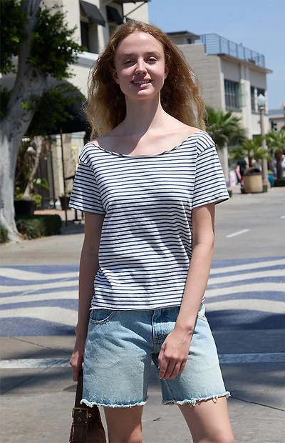 John Galt White & Blue Robyn Striped Off-The-Shoulder T-Shirt