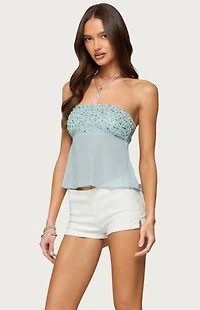 Edikted Beadie Sheer Chiffon Strapless Top