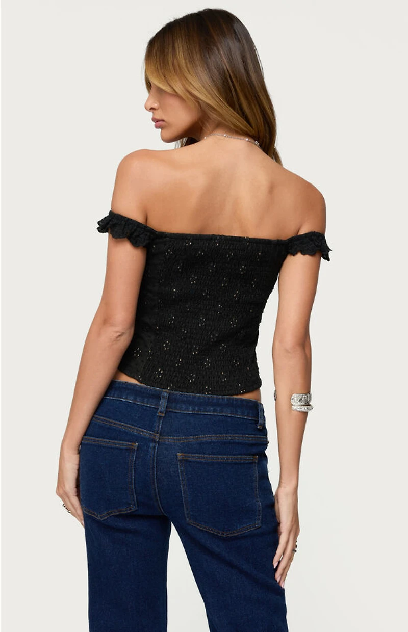 Edikted Jordana Ruffle Eyelet Off Shoulder Top