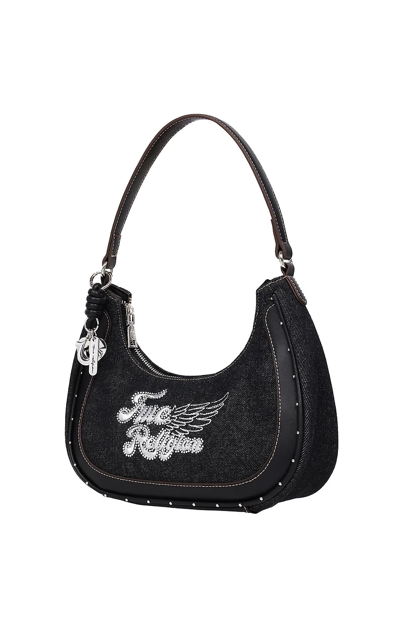 True Religion Black Wing Motif Denim Hobo Bag