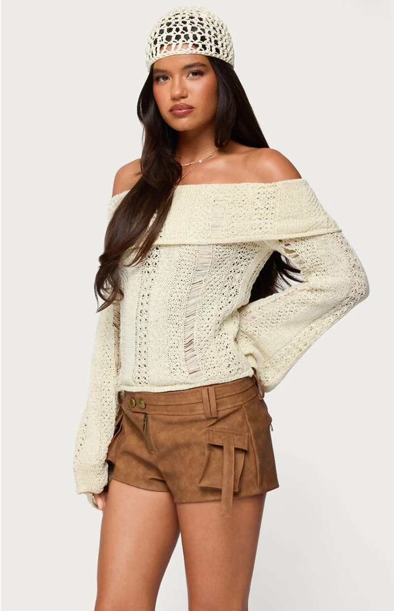Edikted Renna Distressed Fold Over Knit Top