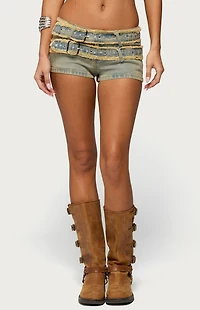 Edikted Alyza Distressed Belt Washed Denim Micro Shorts