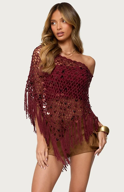 Edikted Fringe Sequin Crochet Poncho