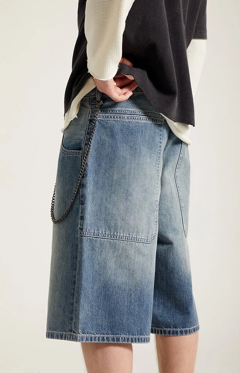 Pacsun Austin Extreme Baggy Denim Shorts Chain Medium Blue
