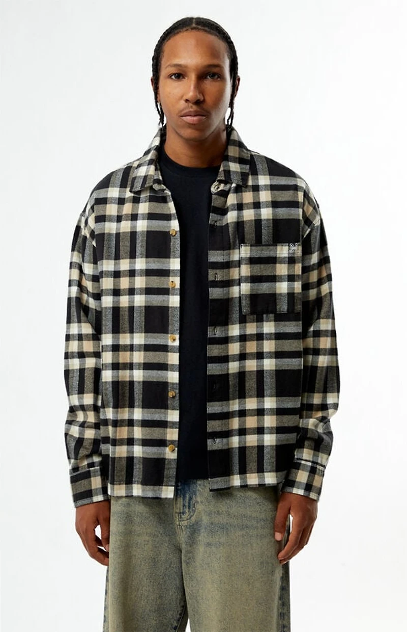 Pacsun Tan & Black Plaid Long Sleeve Flannel Shirt