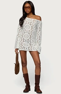 Edikted Off Shoulder Sheer Lace Mini Dress