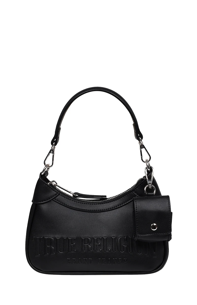 True Religion Black Trapunto Logo Zip Top Hobo Bag