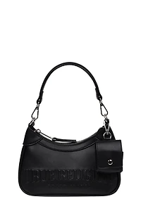 True Religion Black Trapunto Logo Zip Top Hobo Bag