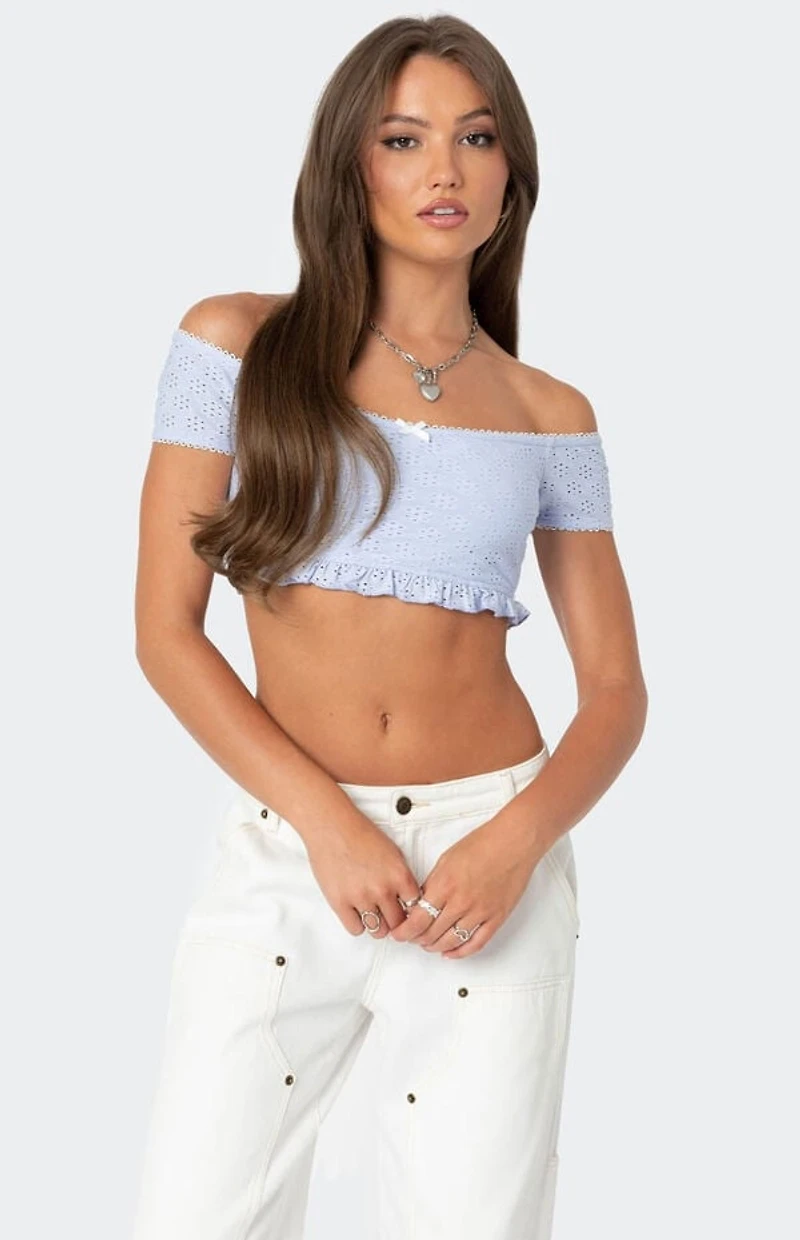Edikted Off Shoulder Eyelet Crop Top