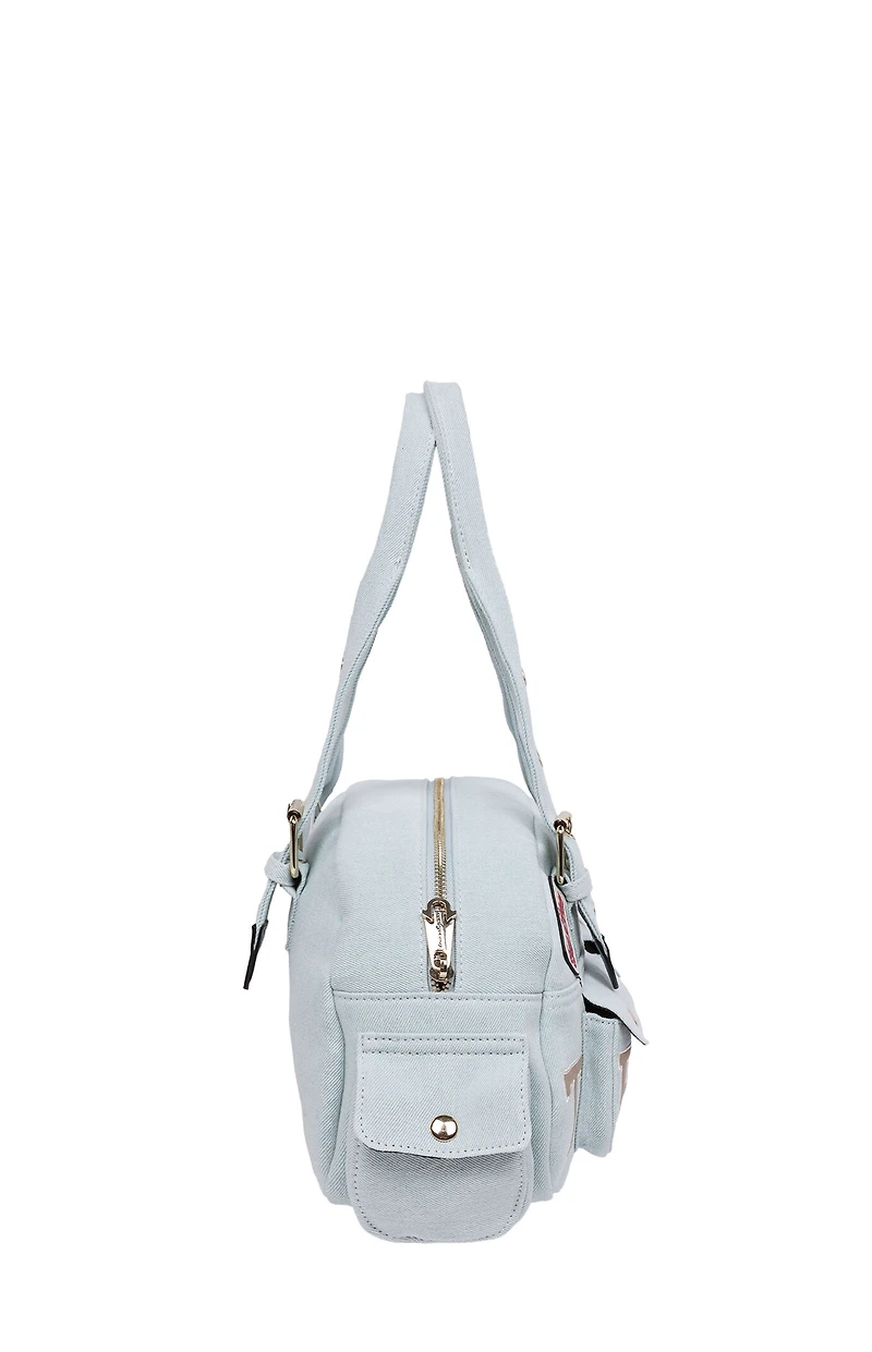 True Religion Light Blue Multi Patch Satchel Bag