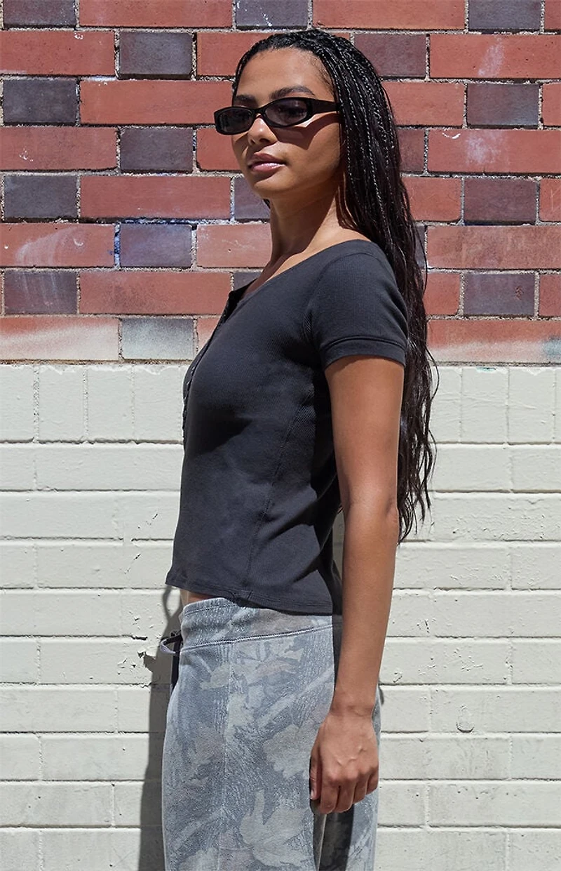 John Galt Black Henley Short Sleeve Top