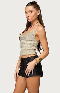 Edikted Sequin Crisscross Backless Cowl Neck Top