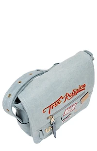 True Religion Blue Denim Multi Patch Messenger Bag