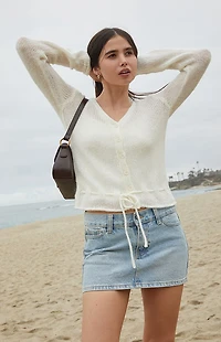 John Galt White Button Front Tie Cardigan