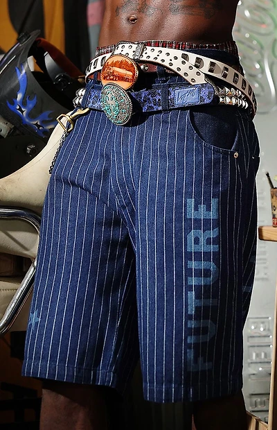 FUTURE SAINT Pinstripe Baggy Denim Shorts