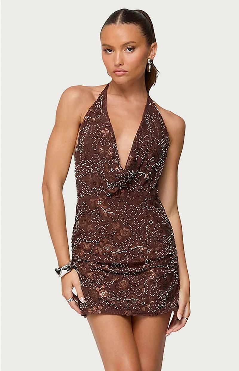 Edikted Beaded Cowl Neck Halter Mini Dress