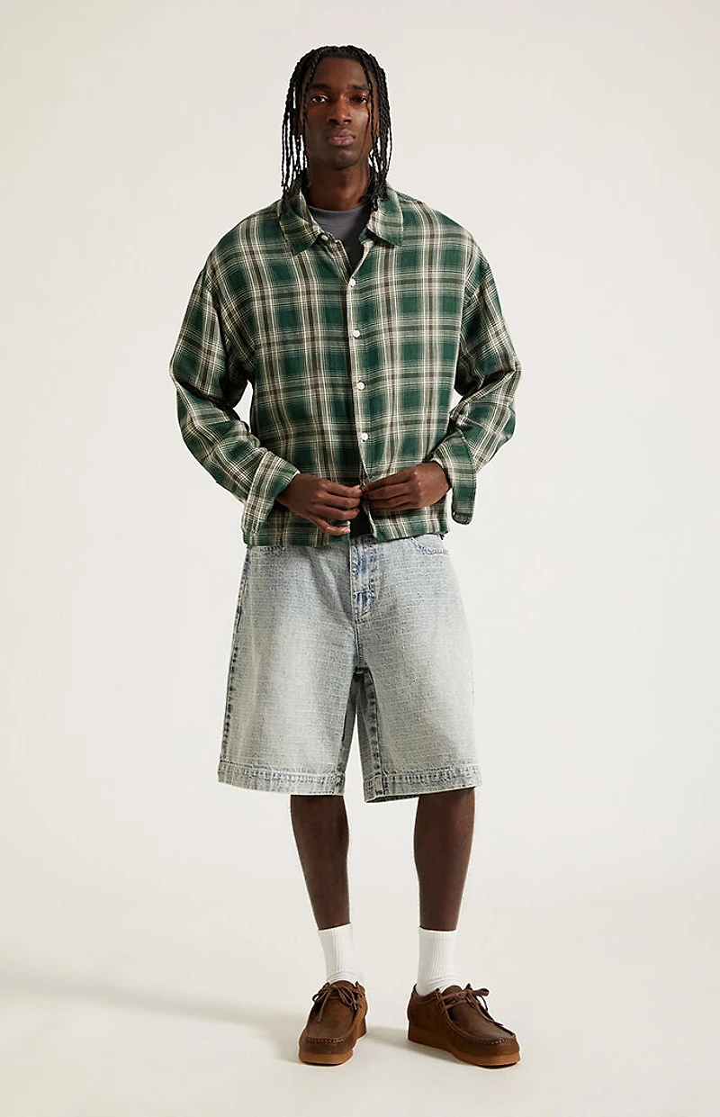Pacsun Parker Baggy Denim Shorts Jacquard Checkered Light Blue