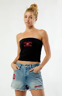 HYPE & VICE Ohio State Buckeyes High Waisted Relaxed Patched Denim Shorts