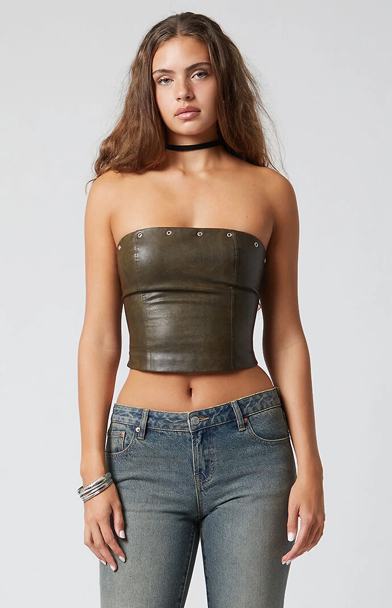 Third Charm Faux Leather Grommet Tube Top