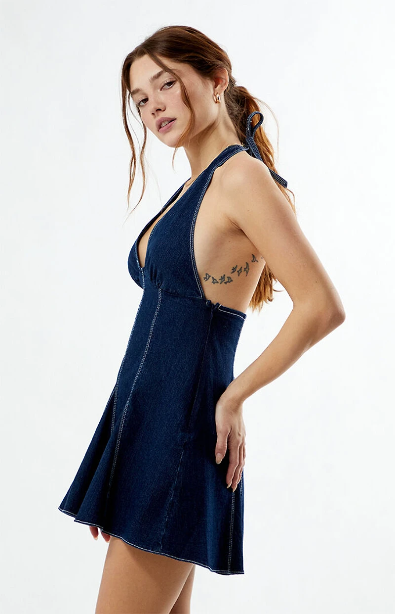 Your Favorite Denim V-Neck Halter Mini Dress