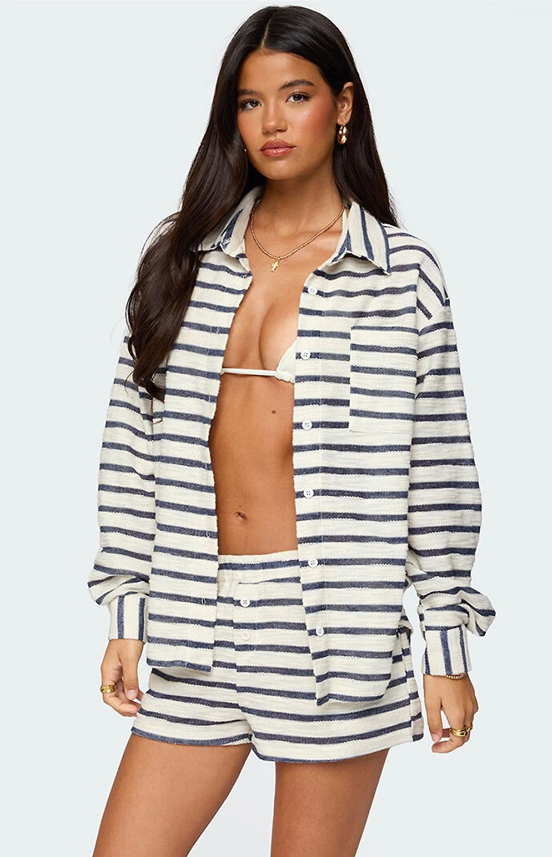 Edikted Collins Oversized Striped Button Up Shirt