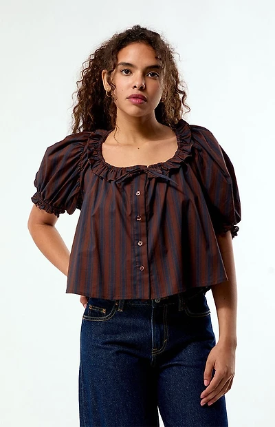 WEWOREWHAT Striped Puff Sleeve Button Up Top