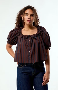 WEWOREWHAT Striped Puff Sleeve Button Up Top
