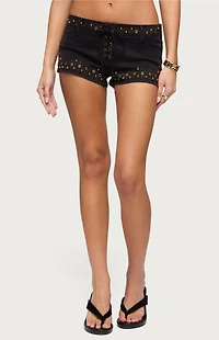 Edikted Stud and Grommet Lace Up Denim Micro Shorts