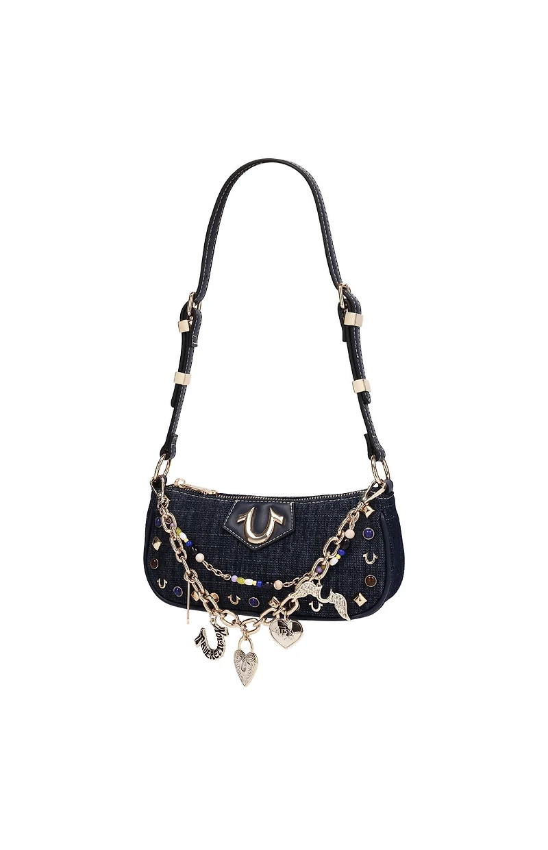 True Religion Chain & Studs Dark Denim Shoulder Bag