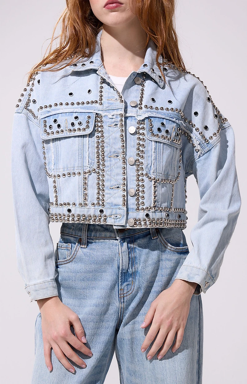 AZALEA WANG Jazella Light Blue Studded Cropped Denim Jacket