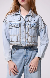 AZALEA WANG Jazella Light Blue Studded Cropped Denim Jacket