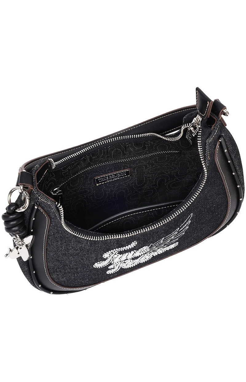 True Religion Black Wing Motif Denim Hobo Bag