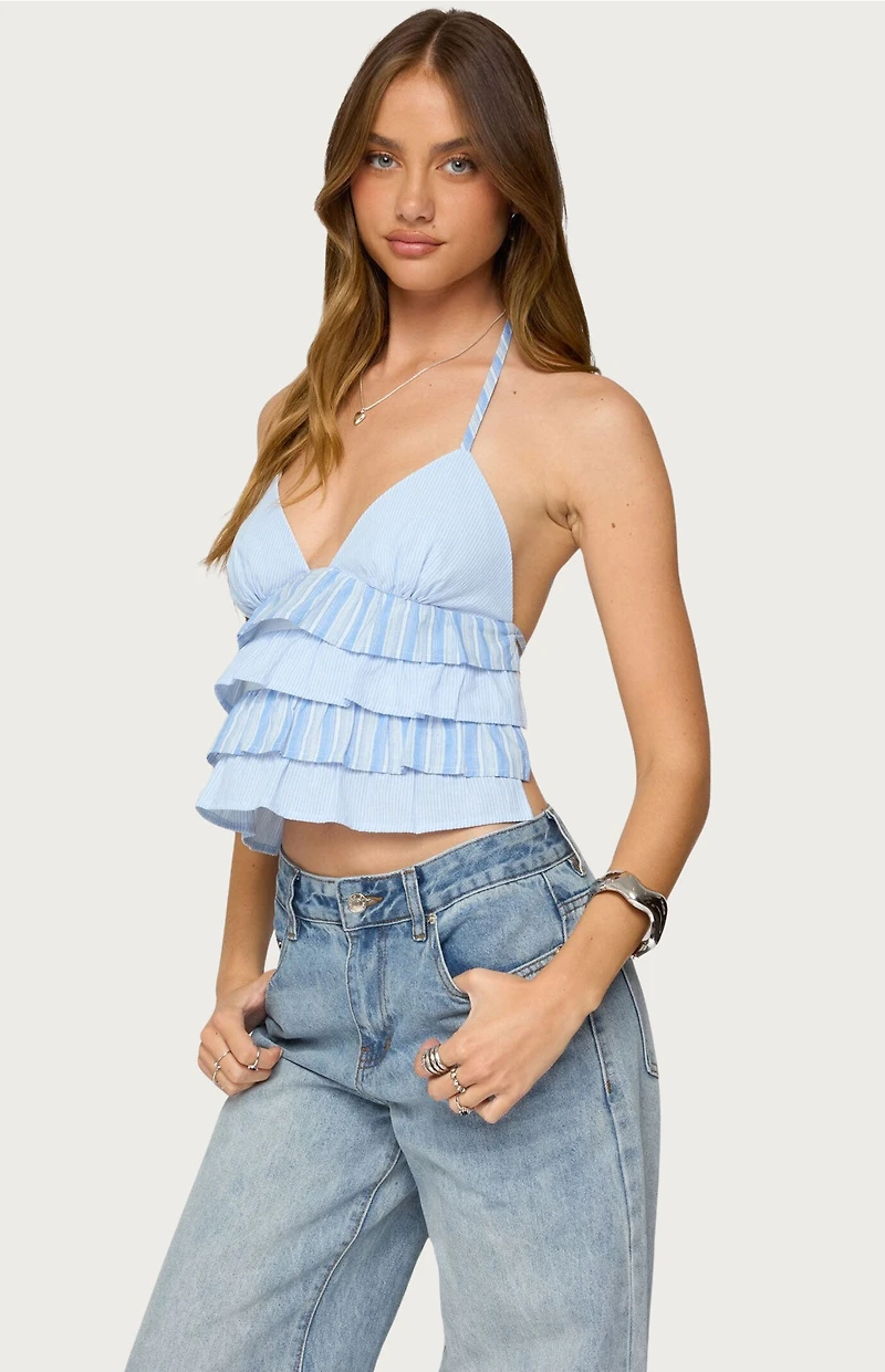 Edikted Tiered Ruffle Backless Striped Halter Top