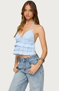 Edikted Tiered Ruffle Backless Striped Halter Top