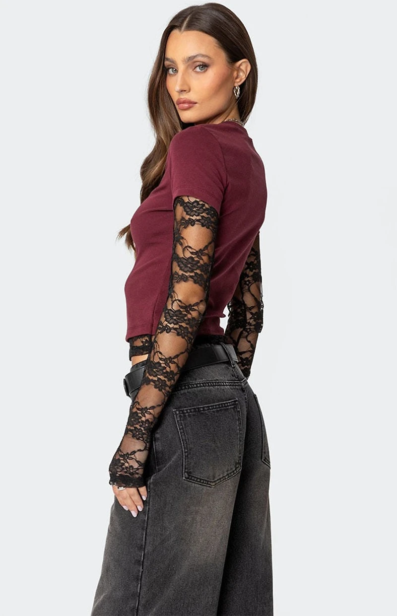 Edikted Layered Lace Sleeve T-Shirt
