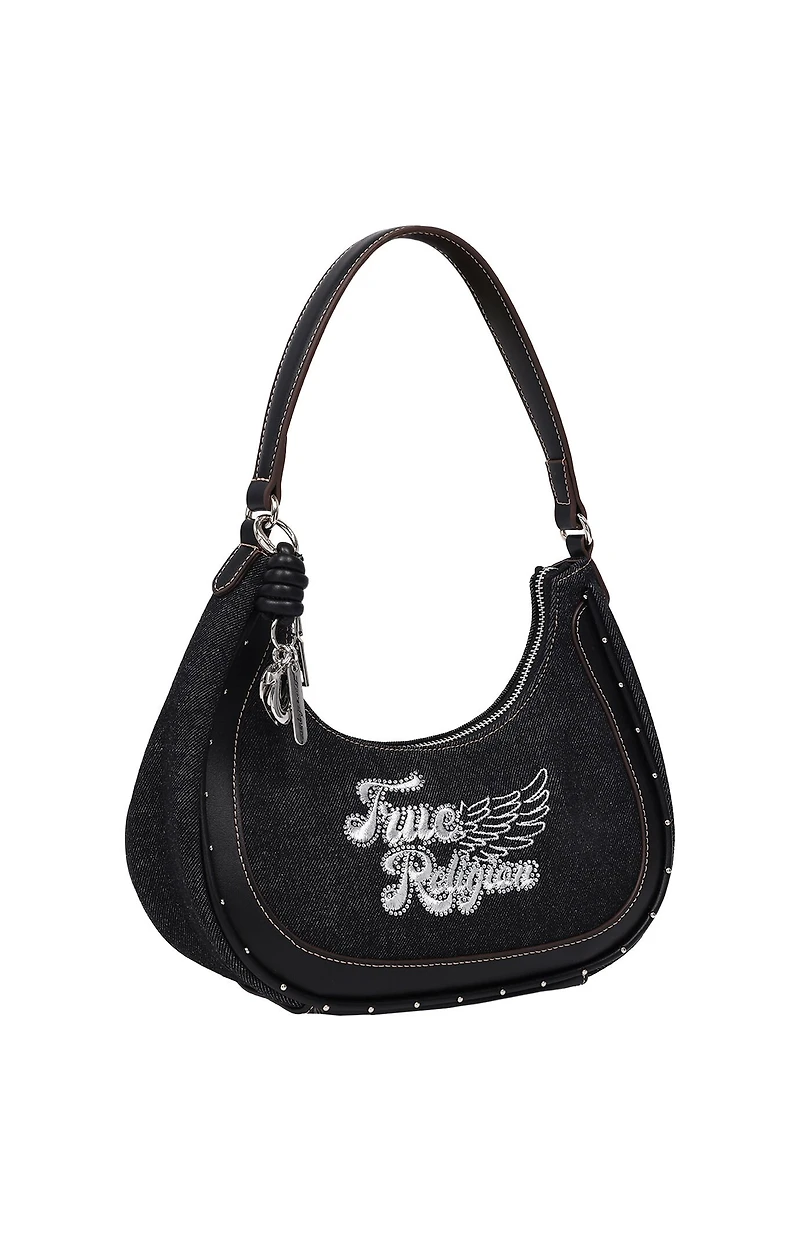 True Religion Black Wing Motif Denim Hobo Bag