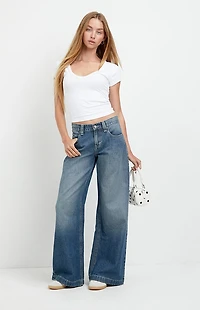Pacsun Sloane Low Rise Ultra Baggy Jeans Snap-Button Pocket Medium Blue