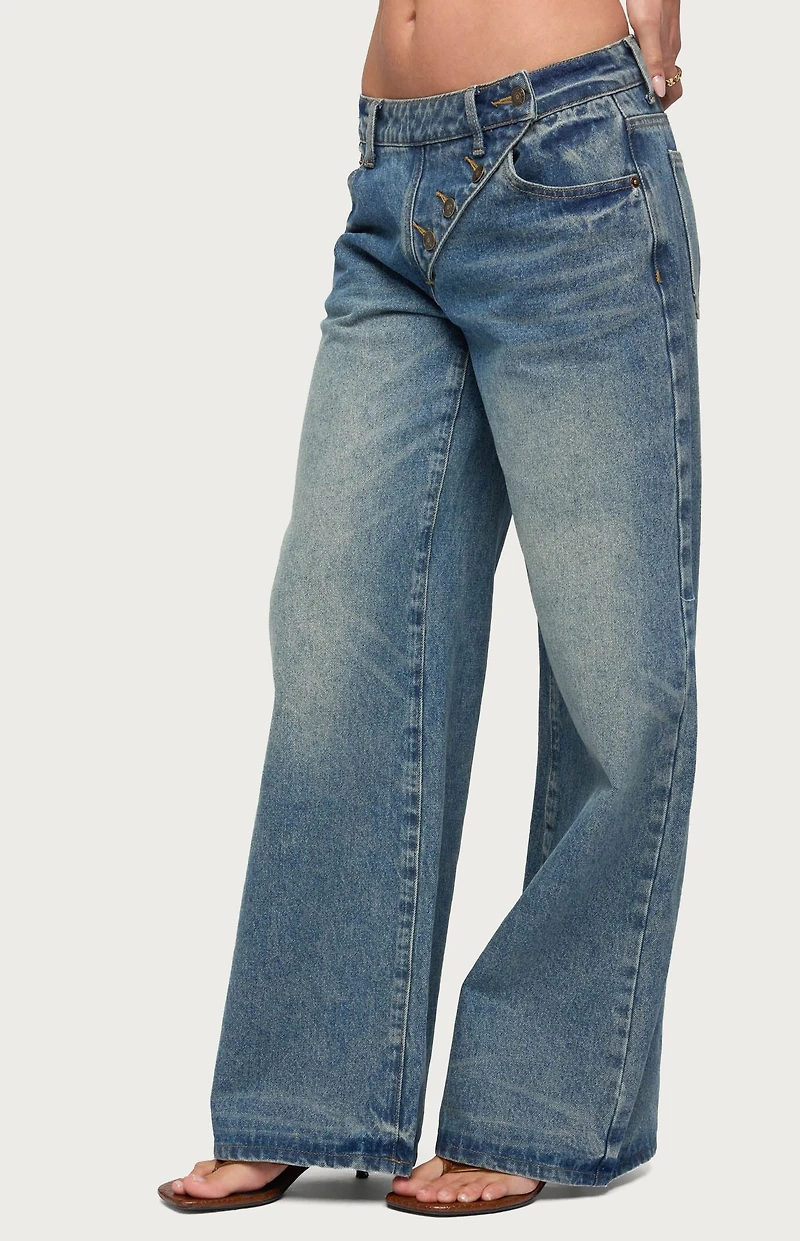 Edikted Moxlan Slanted Button Low Rise Baggy Jeans