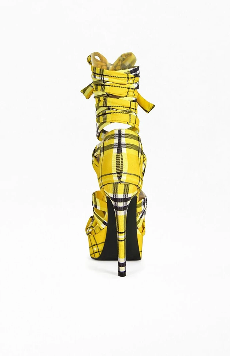 AZALEA WANG Women's Emisha Yellow Plaid Stiletto Platform Sandals