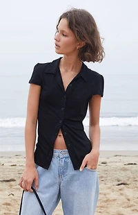 John Galt Black Button Front Collared Top