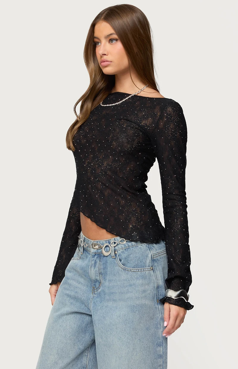 Edikted Mare Asymmetric Gem Sheer Lace Top
