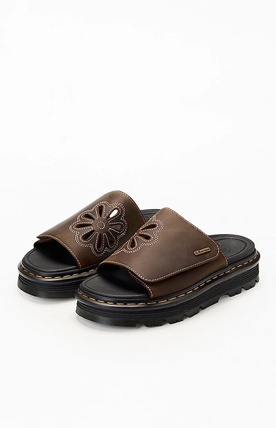Dr Martens Women's Brown Leather Zebzag Flower Slide Sandals
