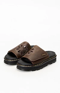 Dr Martens Women's Brown Leather Zebzag Flower Slide Sandals