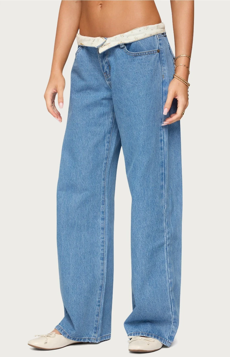 Edikted Floral Foldover Low Rise Jeans