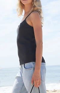 John Galt Black Skylar Waffle Knit Lace Tank Top