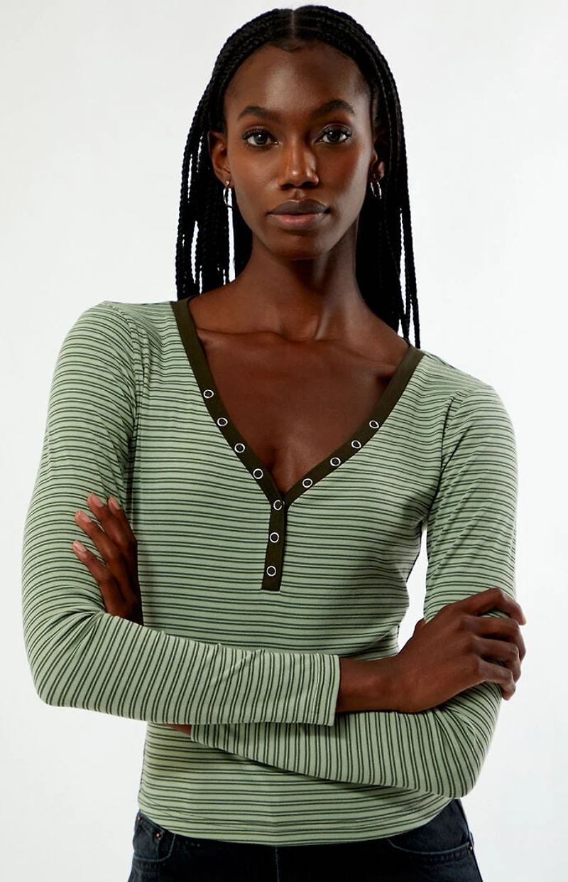 Your Favorite Poppy Striped V-Neck Button Up Long Sleeve Top