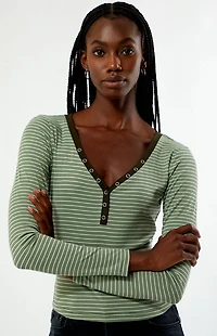 Your Favorite Poppy Striped V-Neck Button Up Long Sleeve Top