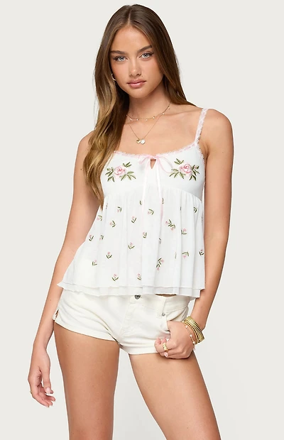 Edikted Embroidered Layered Mesh Babydoll Top