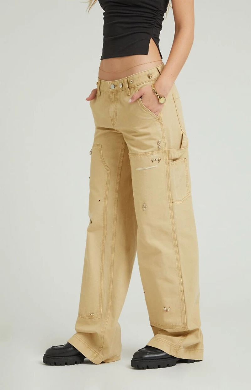Pacsun Tan Rhinestone Low Rise Baggy Carpenter Pants